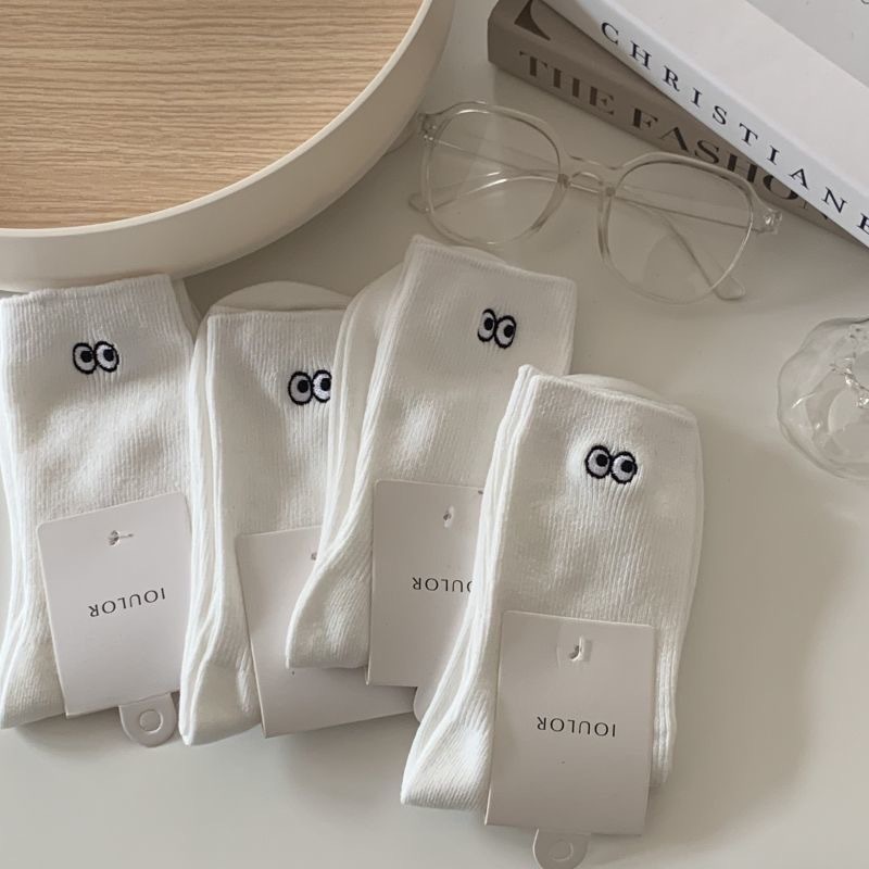 《3034》♾️刺繡小眼睛黑白中筒襪