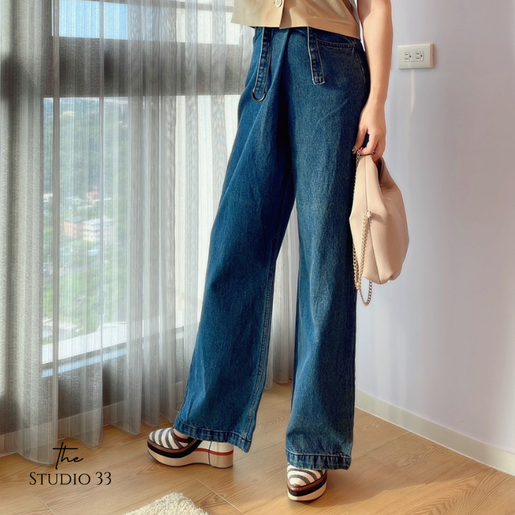 高腰設計感牛仔寬褲