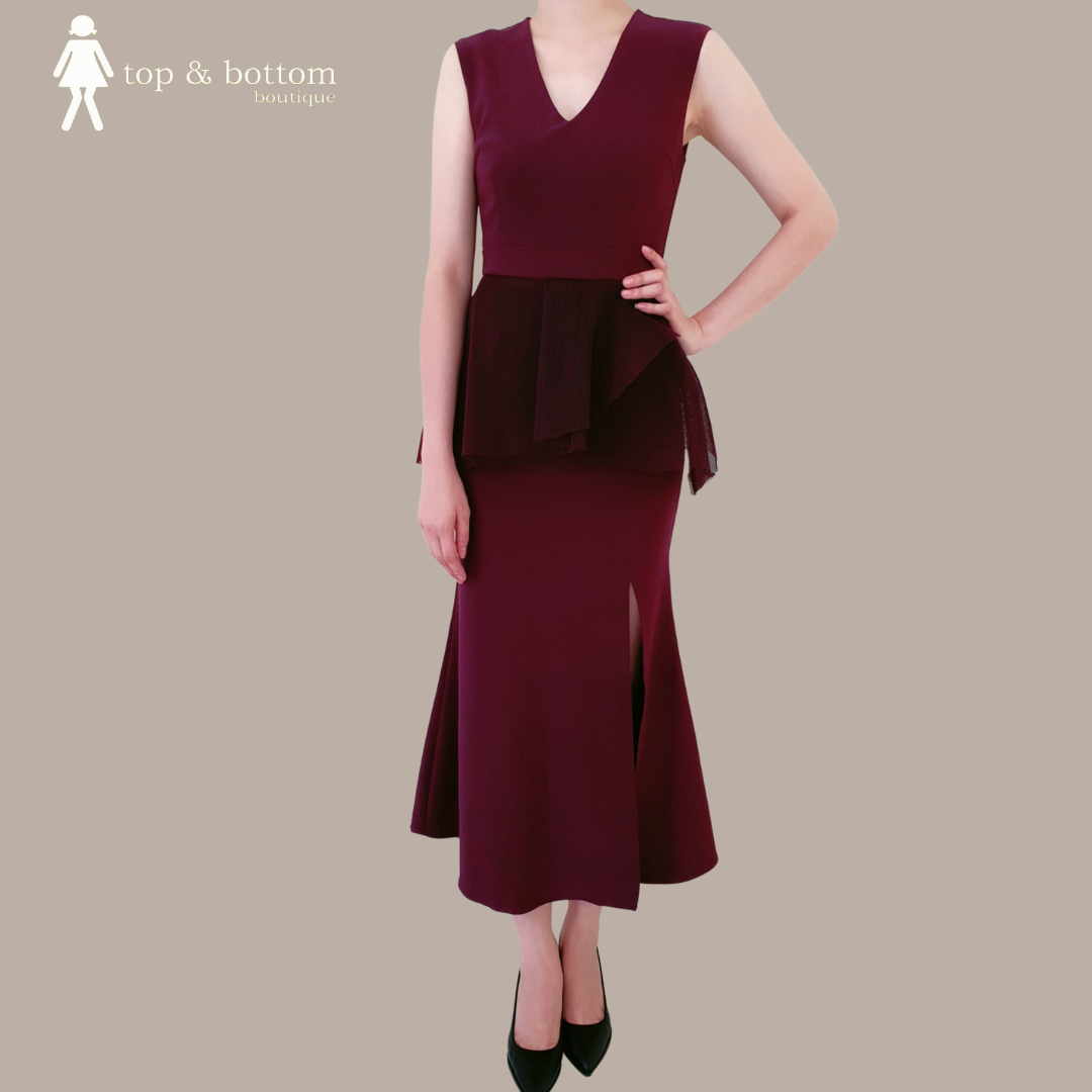 NEOPRENE NET PEPLUM LONG DRESS