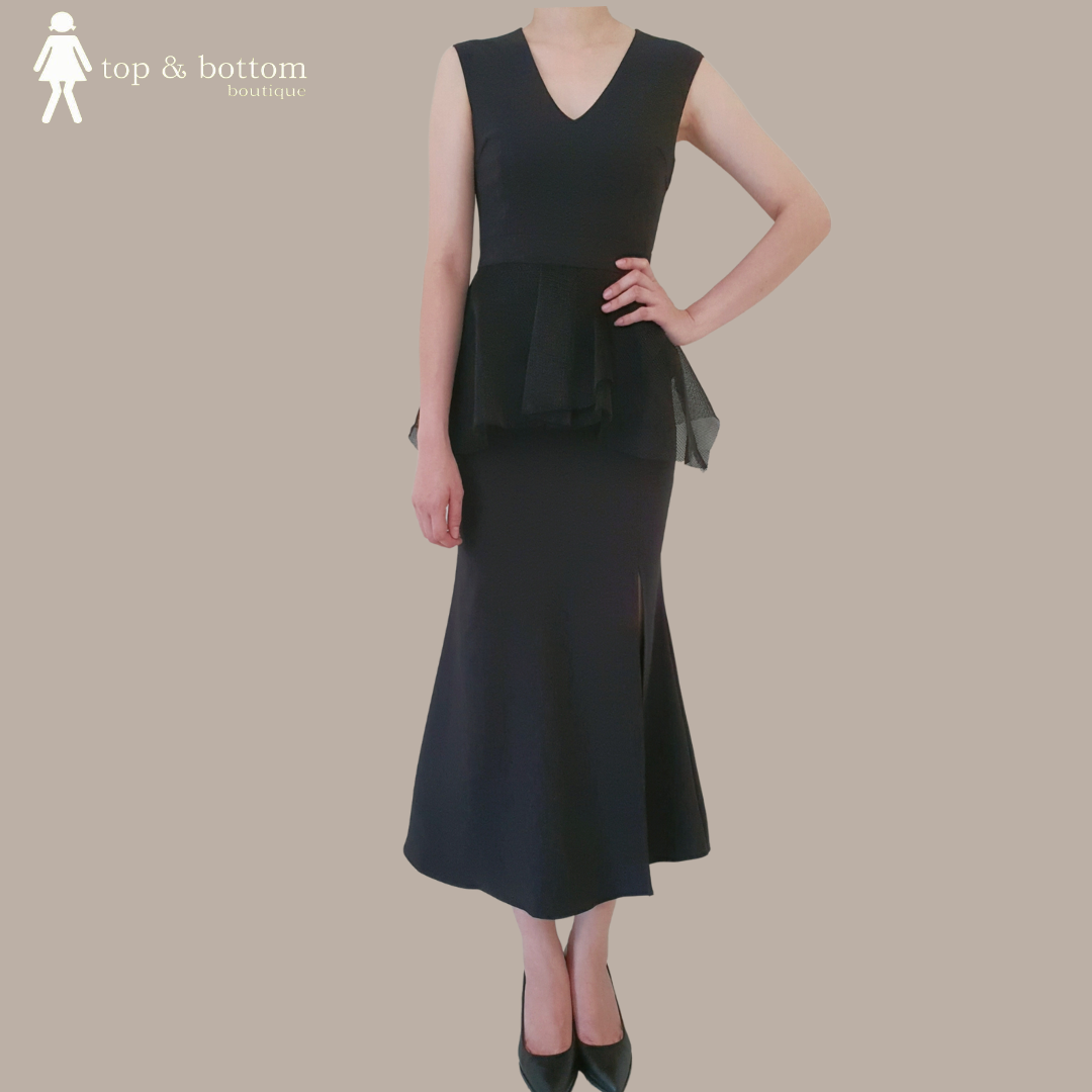 NEOPRENE NET PEPLUM LONG DRESS