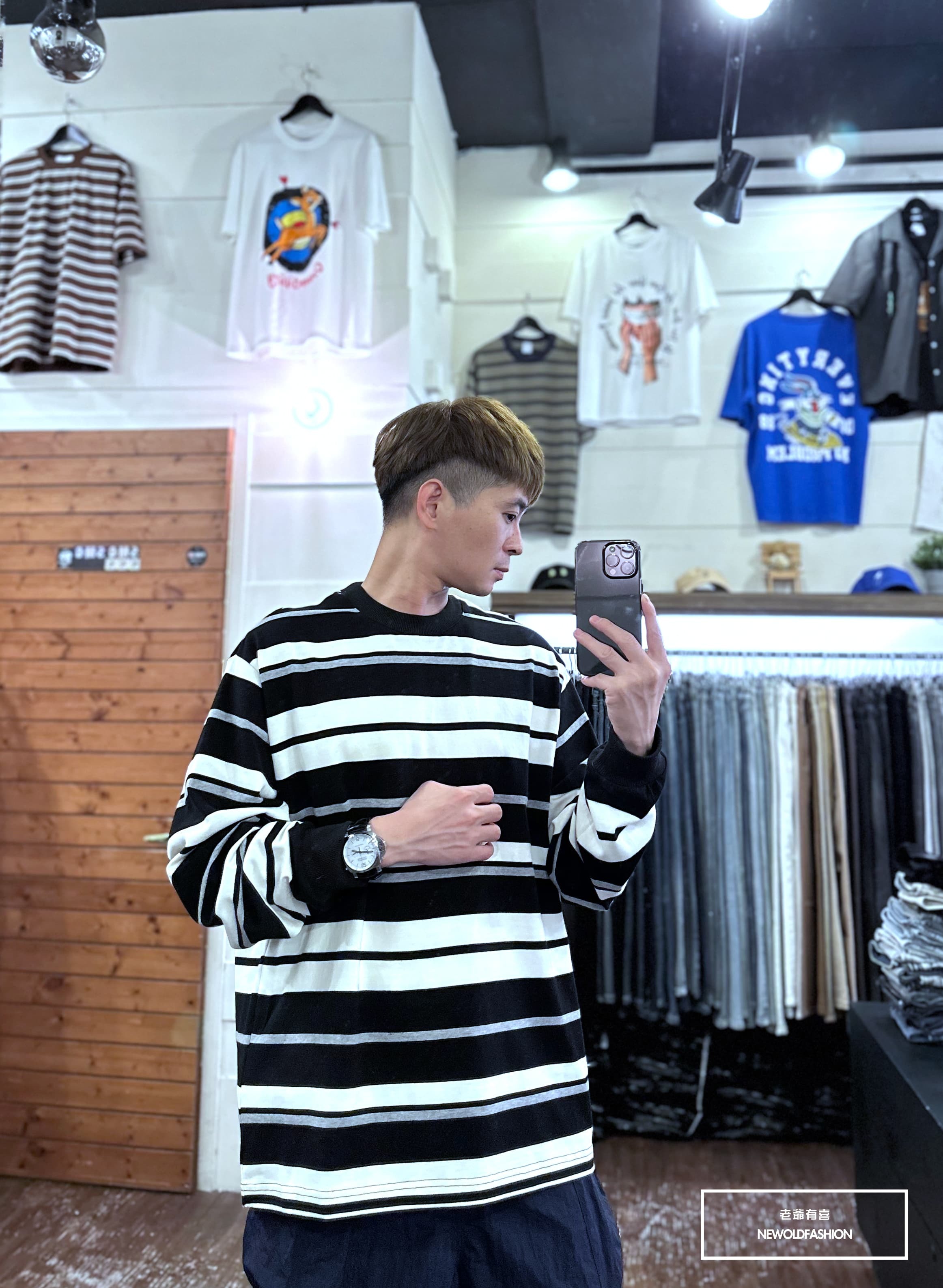 『新品上市』重磅撞色條紋圓領大學T-黑(NOF23091020)