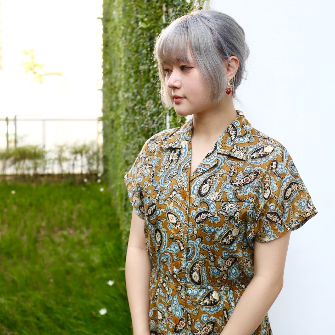 日本製芥末黃民族風短袖連身裙