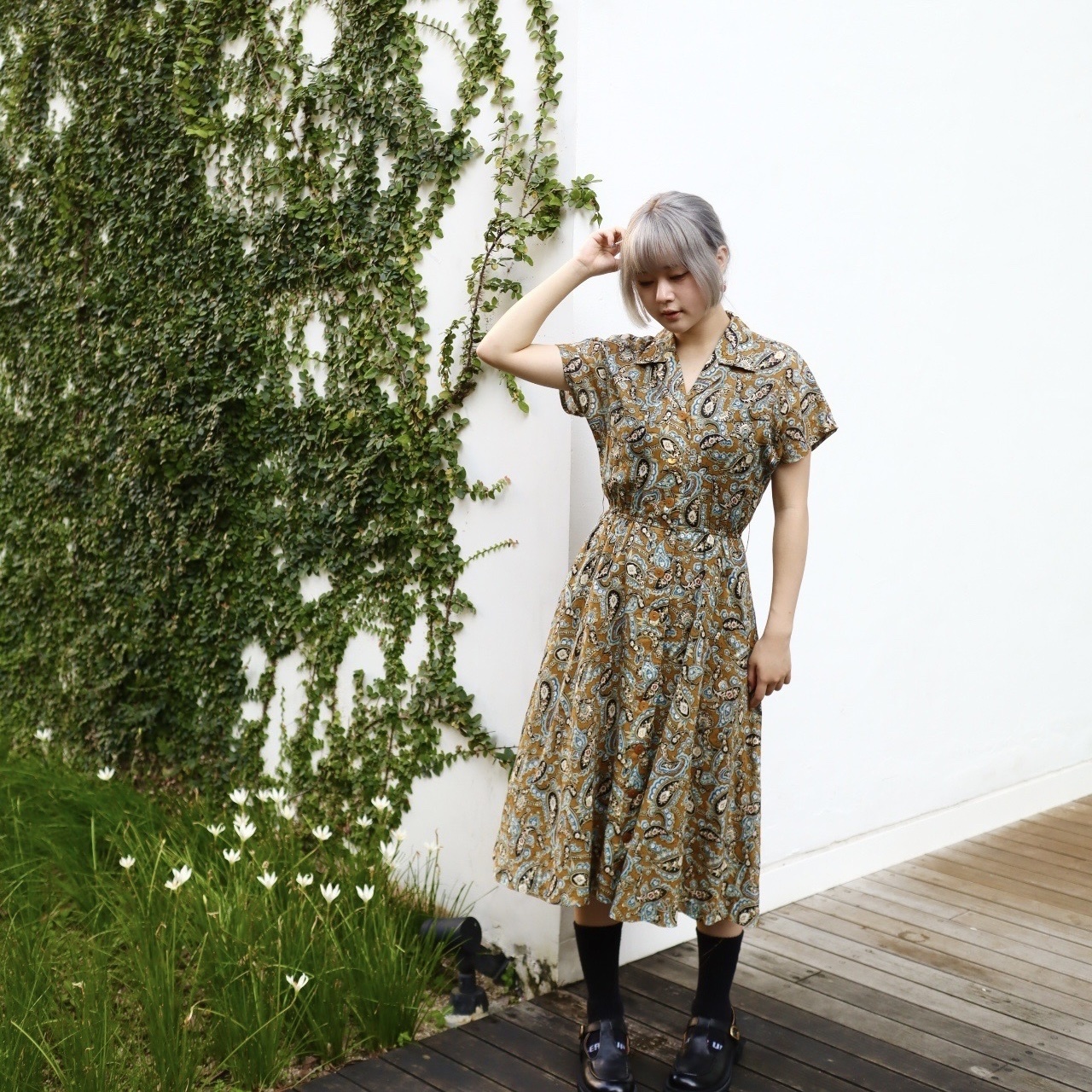 日本製芥末黃民族風短袖連身裙