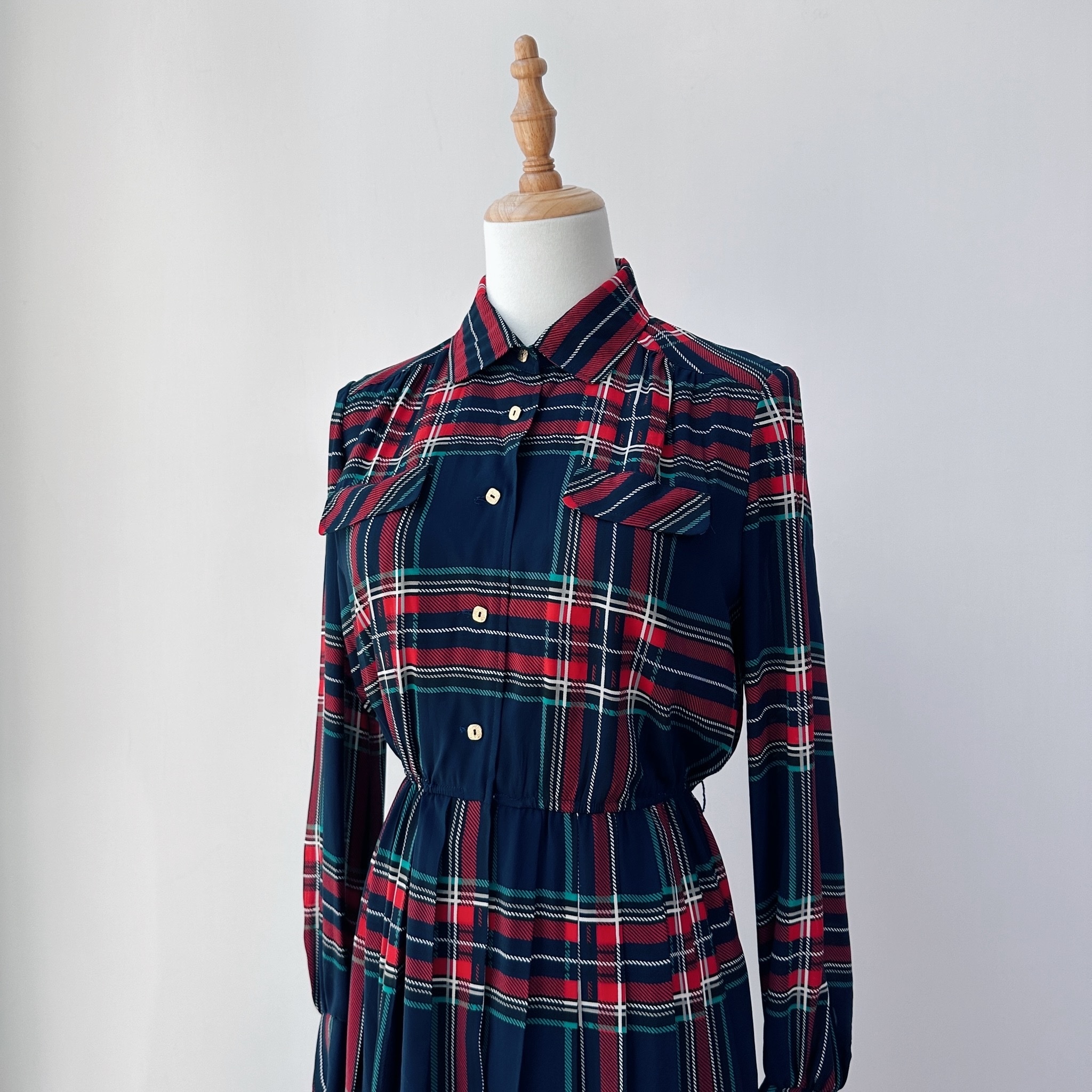 英倫風紅藍格紋長袖百褶連身裙