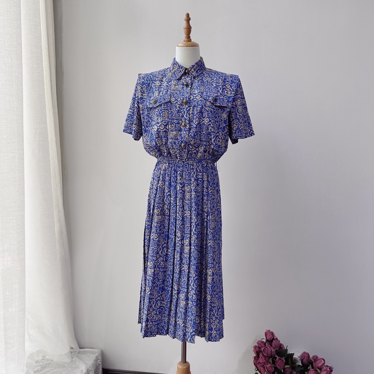 Leslie Fay 藍色民族風圖案連身裙