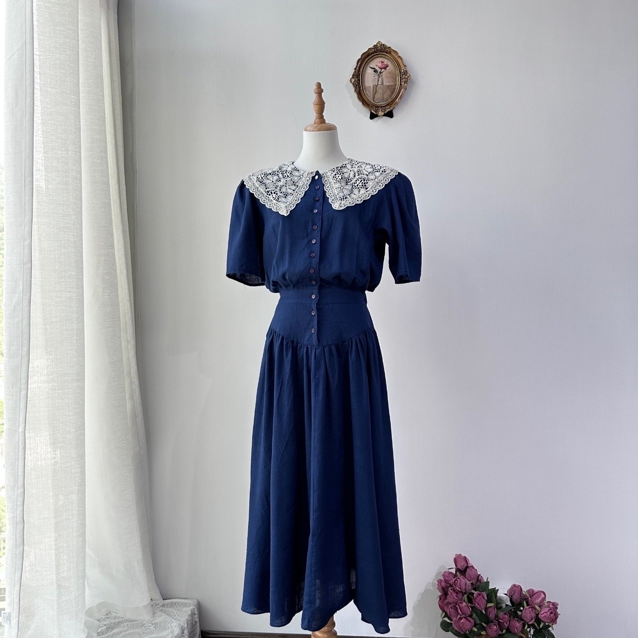 BETSY'S THINGS 美國製蕾絲大領口古著連身裙