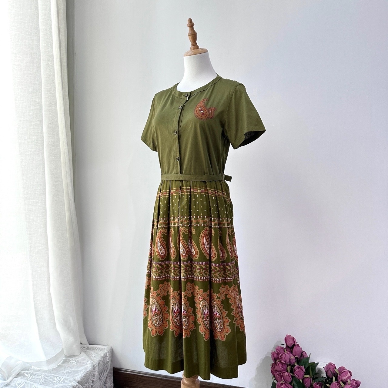 日本製橄欖綠腰果花棉質連身裙