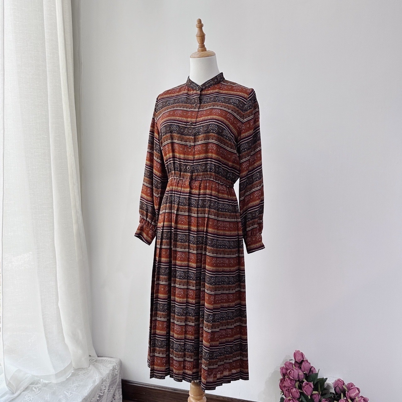 大地色宮廷風暗花布連身裙