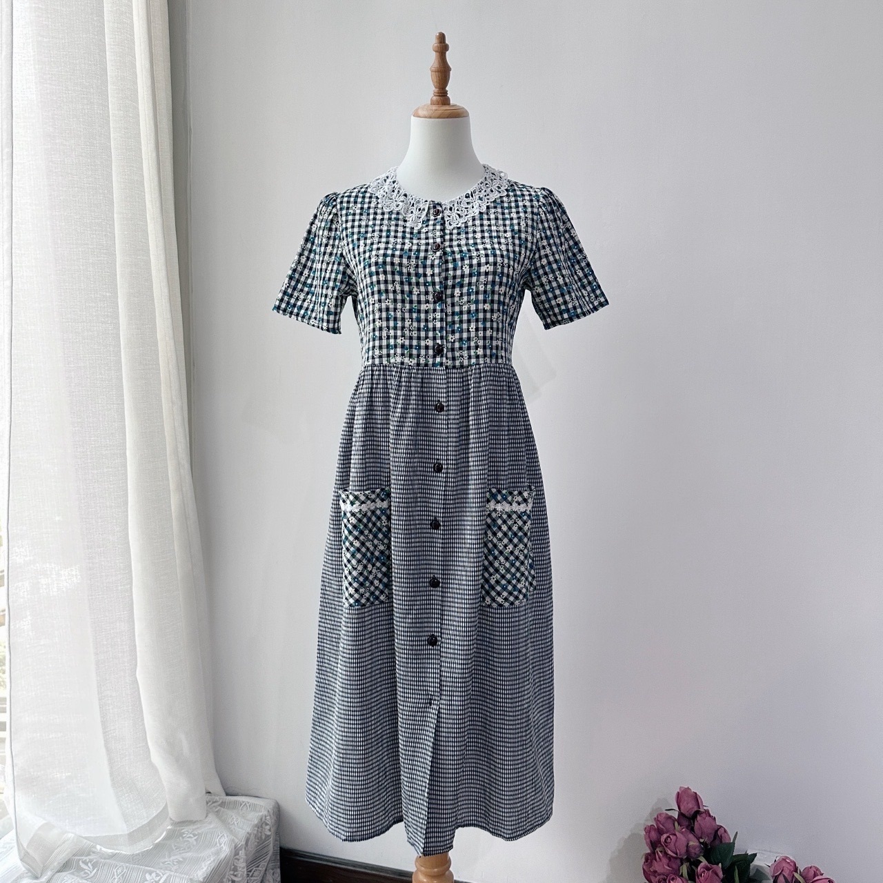 藍白格紋藍碎花娃娃感連身裙