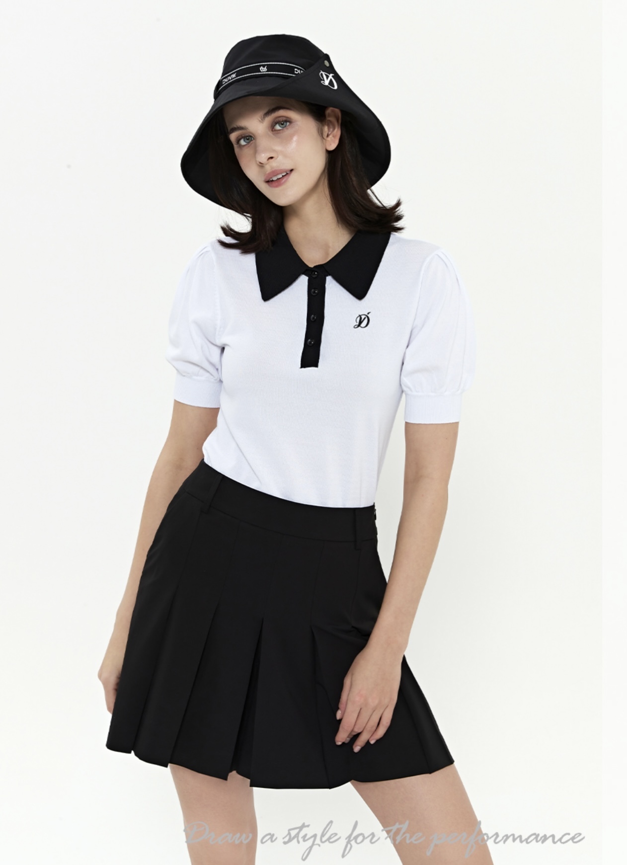 女 10M 韓國度維克高球品牌 5折起/法式拼色寬版大領針織短袖T上衣/高爾夫球衣 網球衣