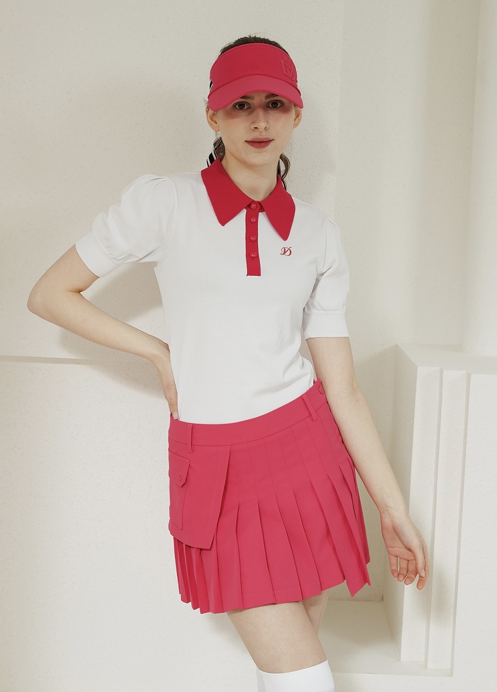 女 10M 韓國度維克高球品牌 5折起/法式拼色寬版大領針織短袖T上衣/高爾夫球衣 網球衣