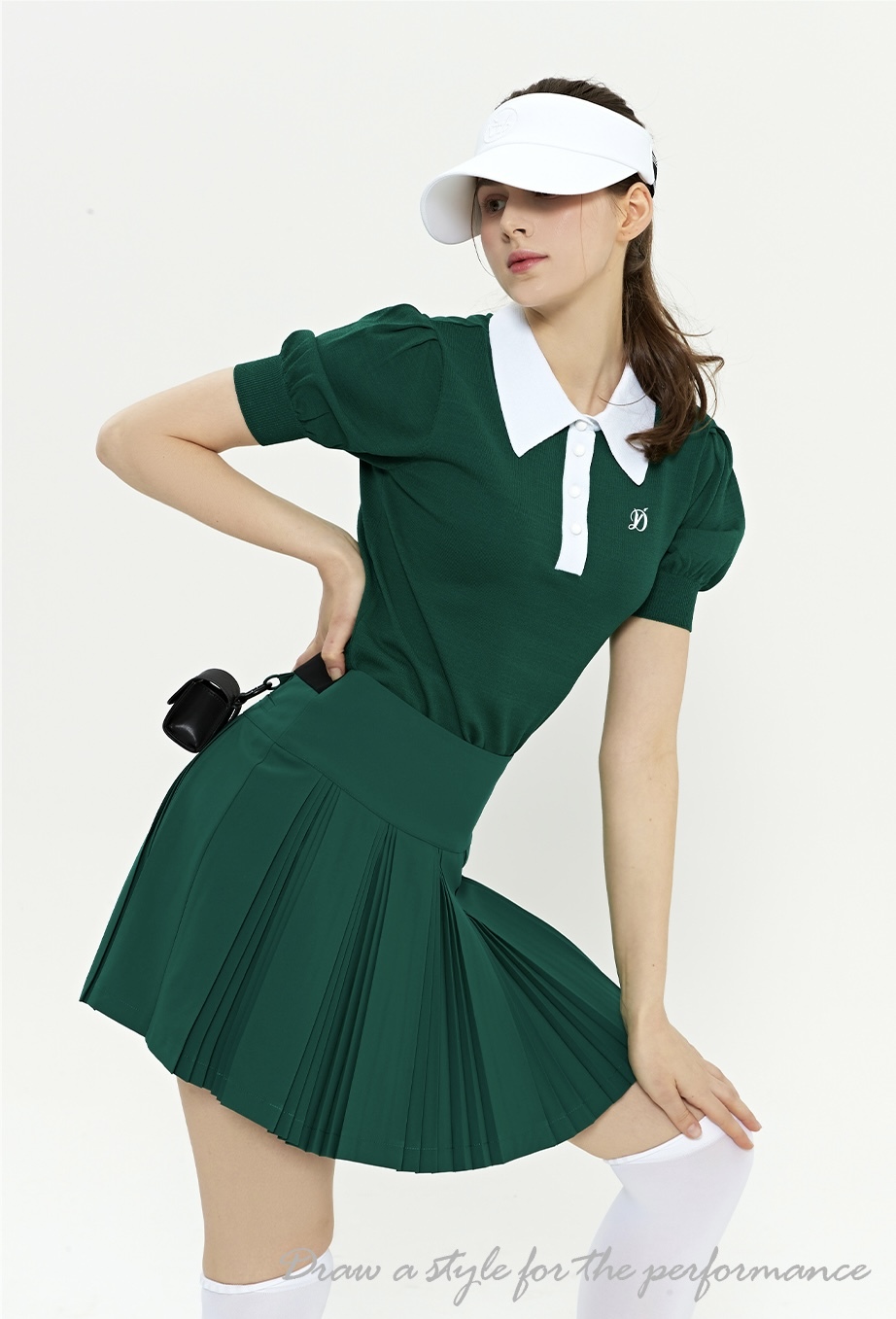 女 10M 韓國度維克高球品牌 5折起/法式拼色寬版大領針織短袖T上衣/高爾夫球衣 網球衣