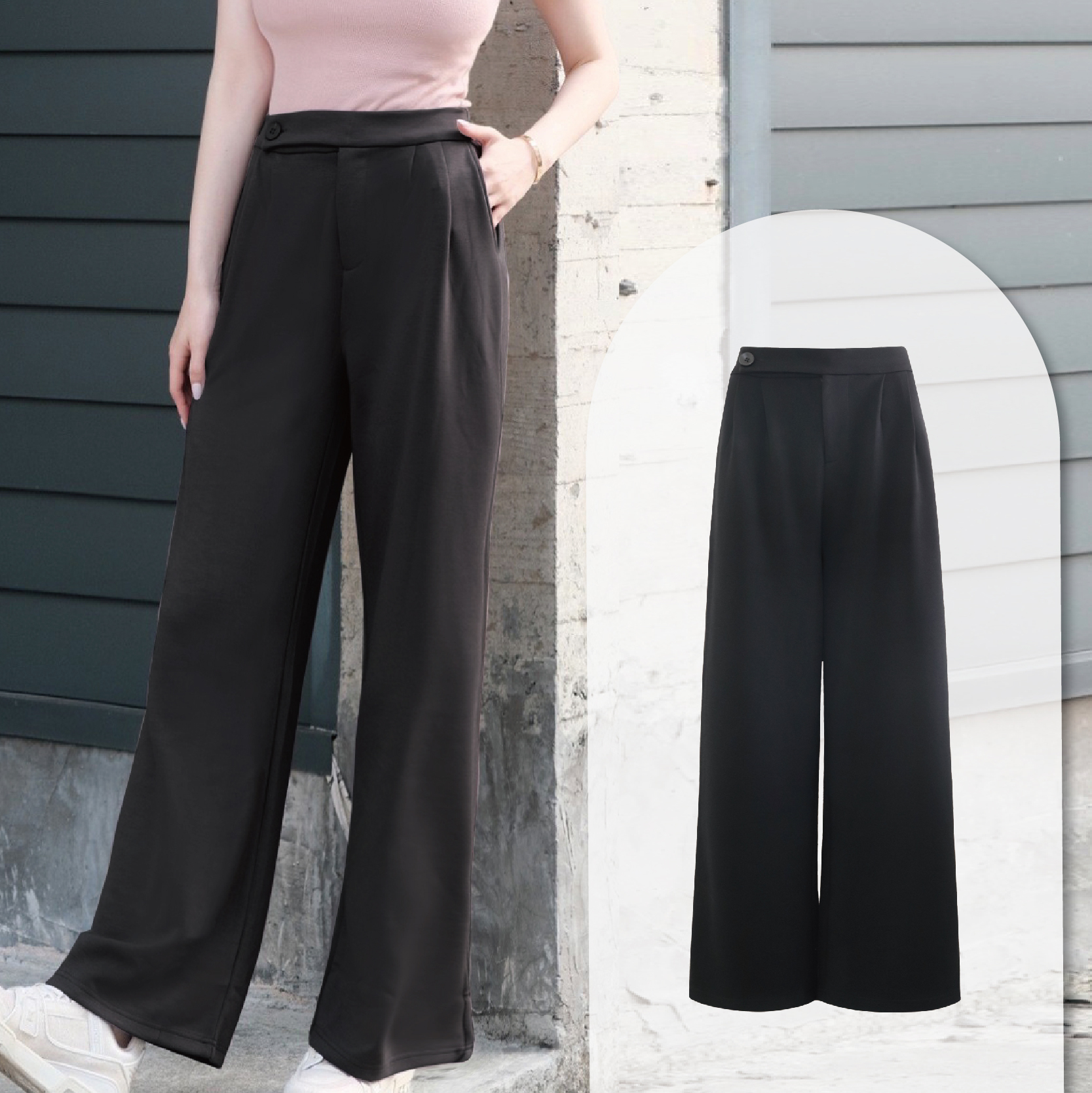 雙釦打摺後鬆緊空氣褲Air.08-黑色