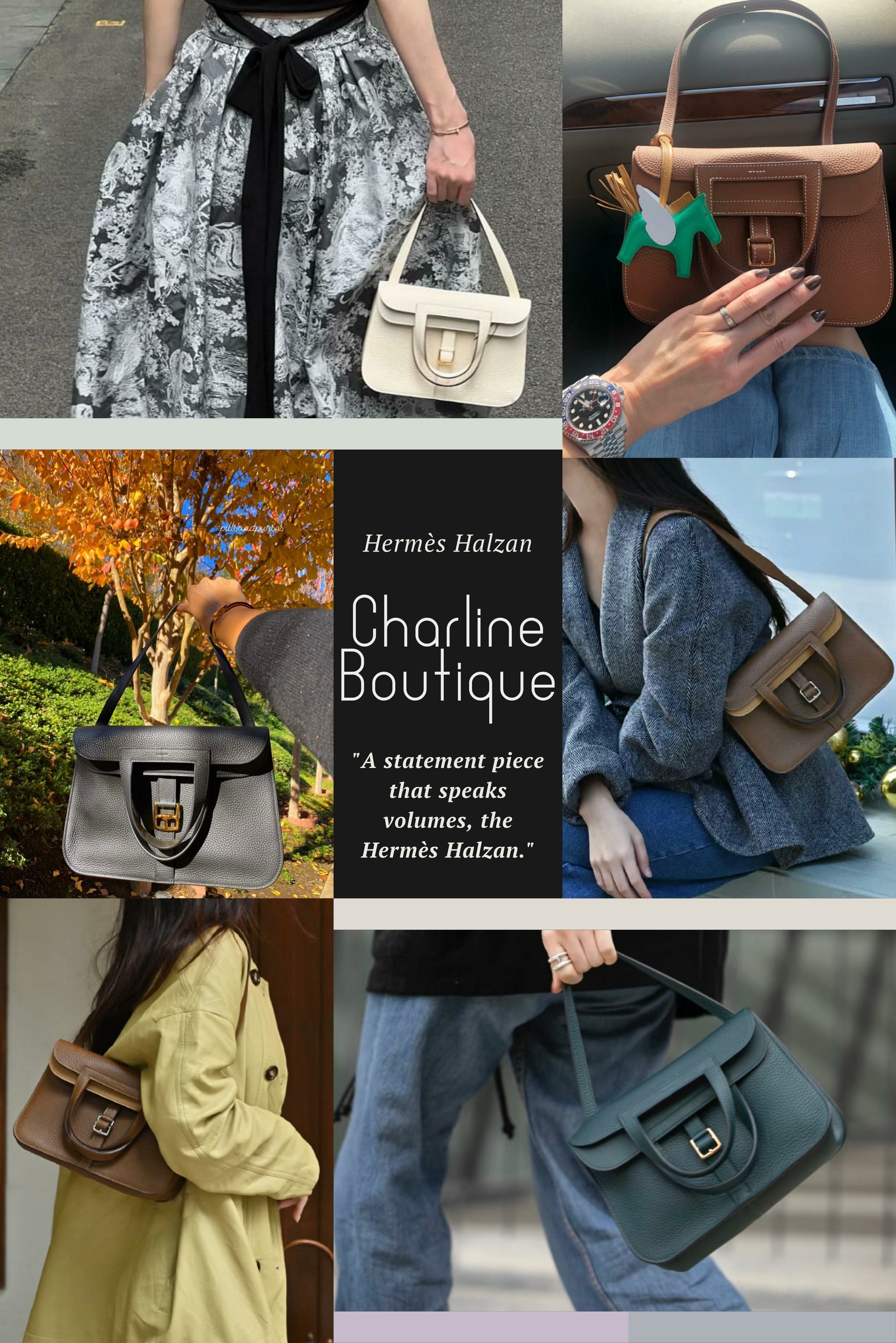 Hermès Halzan 是由設計師Frederick Vidal於2014年推出的包款，致敬Hermès的馬術傳統。它以馬鞍形狀的設計元素為特點，低調卻充滿質感，無品牌標誌，但仍保留Hermès特色，如馬鐙形狀的手柄。 Halzan 多功能，可變換多種背法，包括單肩、斜背、手提等。此外，包內有夾層，容量足夠，重量輕。 Halzan 有兩種尺寸選擇：25cm 適合日常和約會，31cm 則更適合需要更多空間的人。是值得投資的Hermès新生代款式。