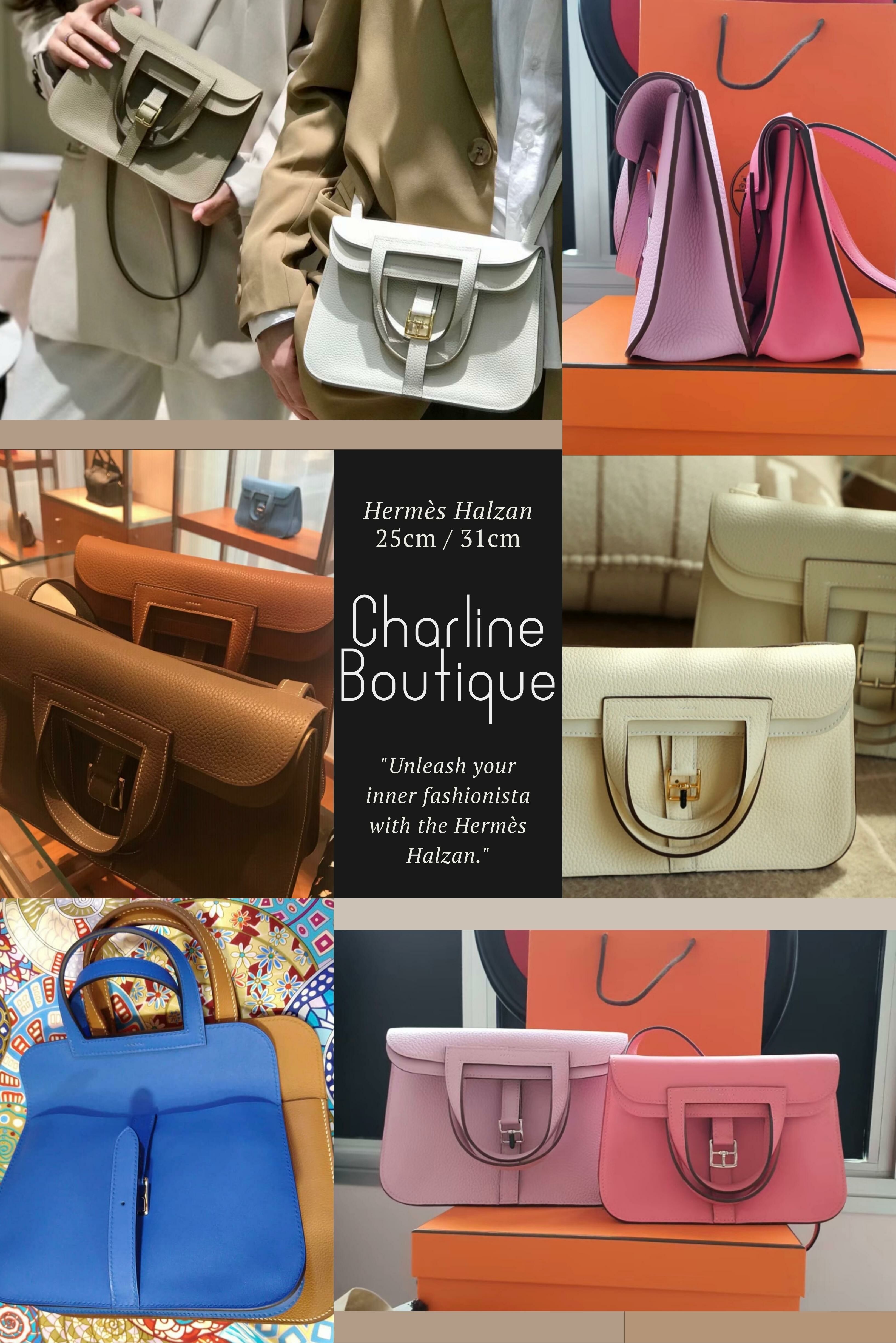 Hermès Halzan 是由設計師Frederick Vidal於2014年推出的包款，致敬Hermès的馬術傳統。它以馬鞍形狀的設計元素為特點，低調卻充滿質感，無品牌標誌，但仍保留Hermès特色，如馬鐙形狀的手柄。 Halzan 多功能，可變換多種背法，包括單肩、斜背、手提等。此外，包內有夾層，容量足夠，重量輕。 Halzan 有兩種尺寸選擇：25cm 適合日常和約會，31cm 則更適合需要更多空間的人。是值得投資的Hermès新生代款式。
