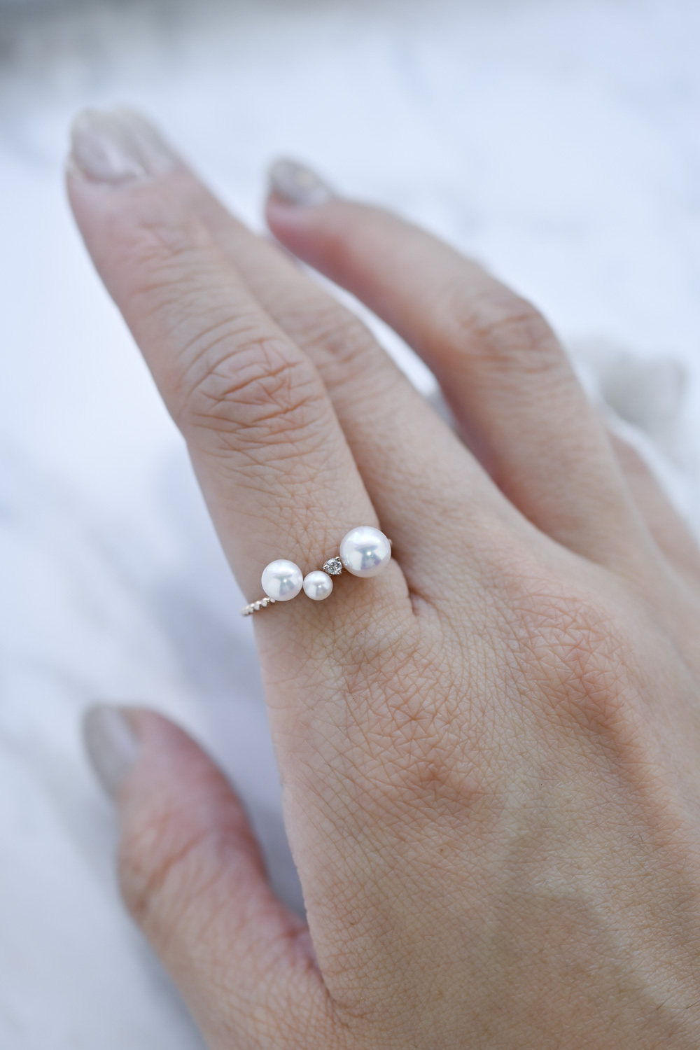 18K three little akoya Pearl diamond ring