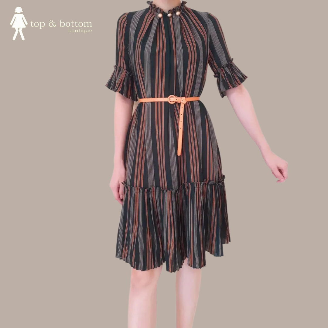 HIGH NECK STRIPED L/SLEV DRESS