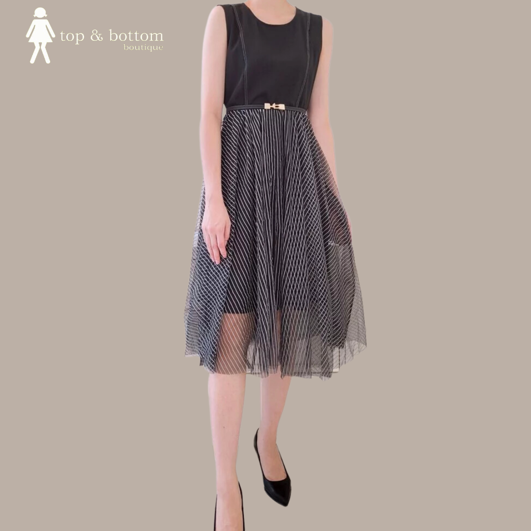 STRIPED ORGANZA MIDI DRESS (EXCLUDE BELT)