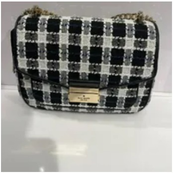 [S] KATE SPADE KC493 CAREY CHECK TWEED FABRIC SMALL FLAP SHOULDER BAG,BLACK MULTI, 196021321580 (SKS836)
