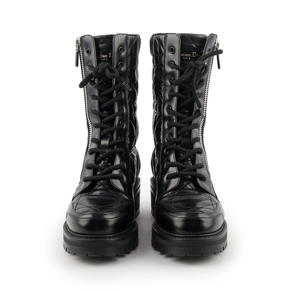 【CHRISTIAN DIOR】D-Leader 籐格紋小牛皮側拉鍊短靴 36(黑色) KD1733CQC_S900