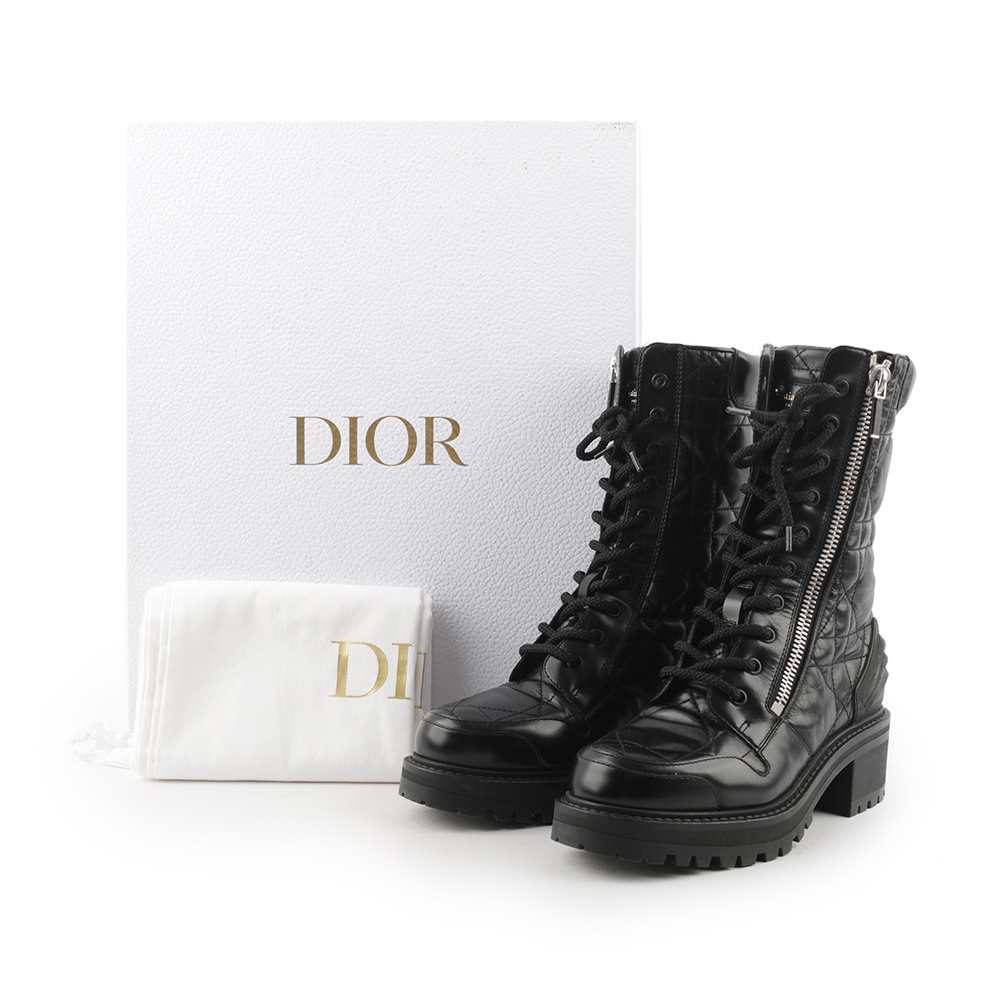 【CHRISTIAN DIOR】D-Leader 籐格紋小牛皮側拉鍊短靴 36(黑色) KD1733CQC_S900