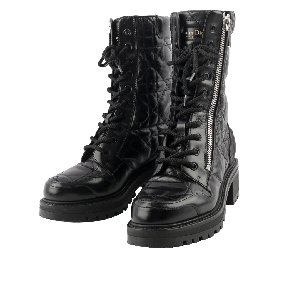 【CHRISTIAN DIOR】D-Leader 籐格紋小牛皮側拉鍊短靴 36(黑色) KD1733CQC_S900