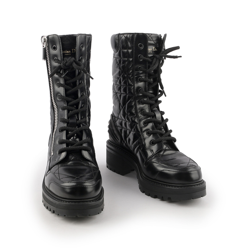 【CHRISTIAN DIOR】D-Leader 籐格紋小牛皮側拉鍊短靴 36(黑色) KD1733CQC_S900