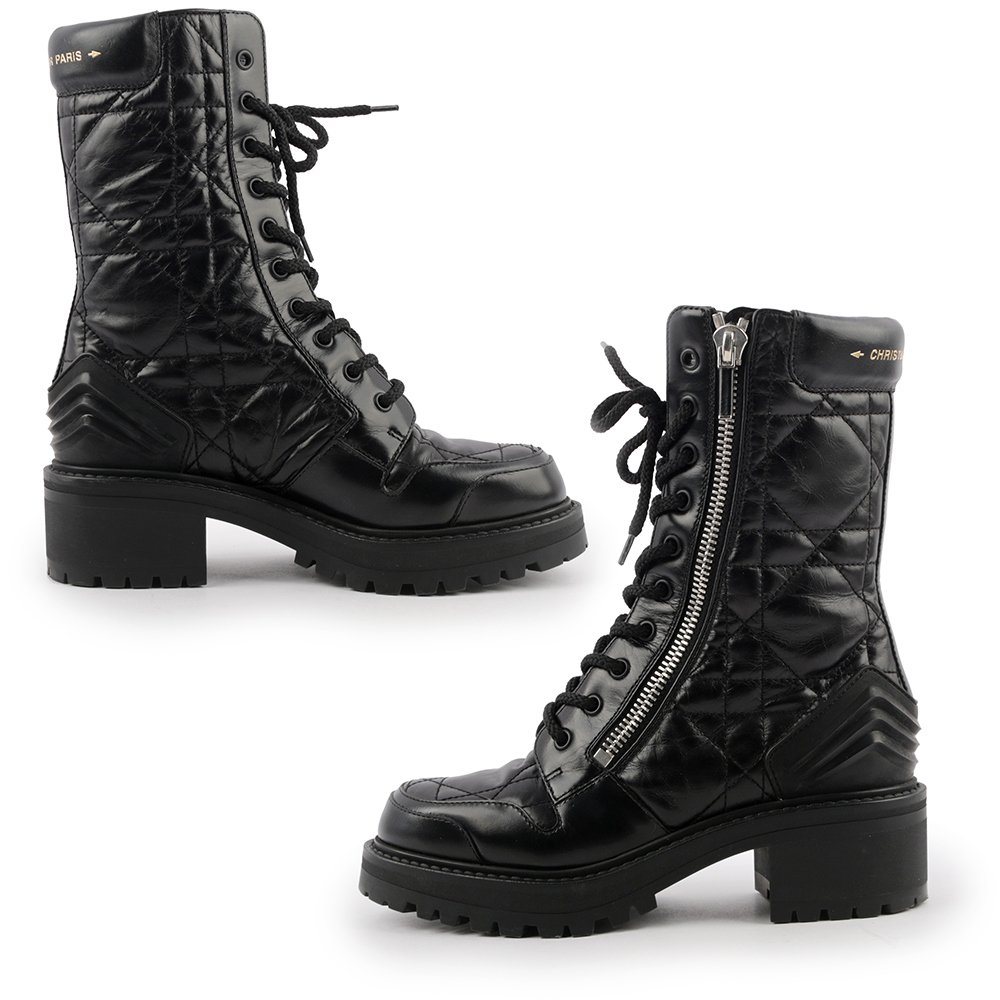 【CHRISTIAN DIOR】D-Leader 籐格紋小牛皮側拉鍊短靴 36(黑色) KD1733CQC_S900