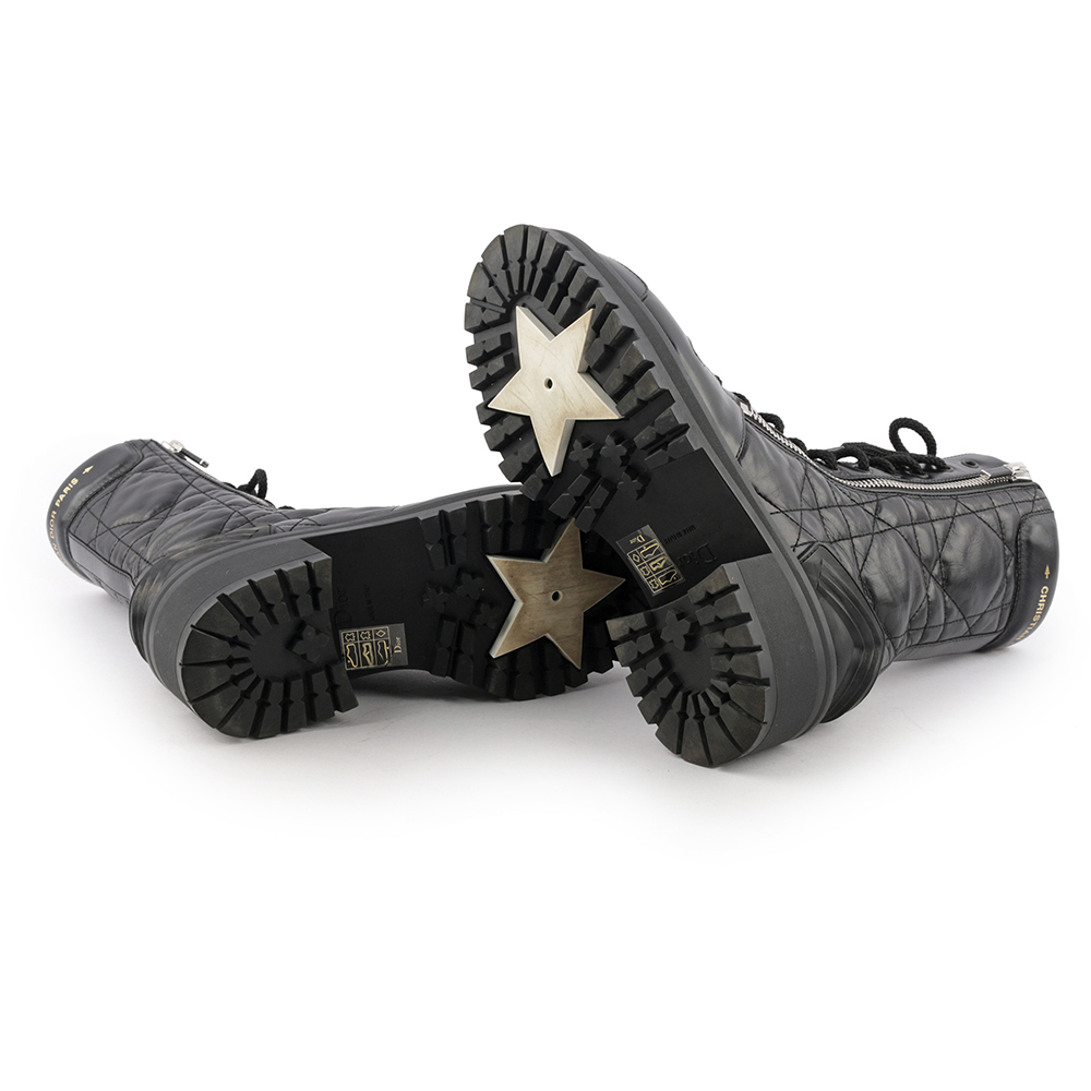 【CHRISTIAN DIOR】D-Leader 籐格紋小牛皮側拉鍊短靴 36(黑色) KD1733CQC_S900