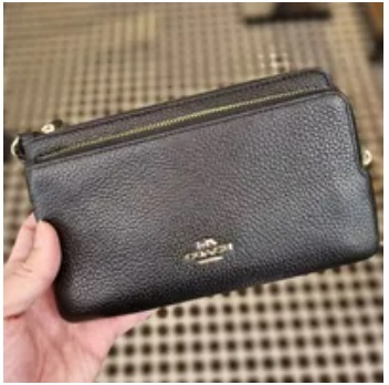 [S] COACH C5610 PBLLEATHER DOUBLE ZIP WALLET,BLACK, 195031297670 (SCO480)