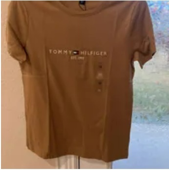 [S] TOMMY HILFIGER WOMEN'S LETTERING LOGO EMBROIDERED SHORT SLEEVE T-SHIRT,BROWN, 76J3260-211 (STH394)