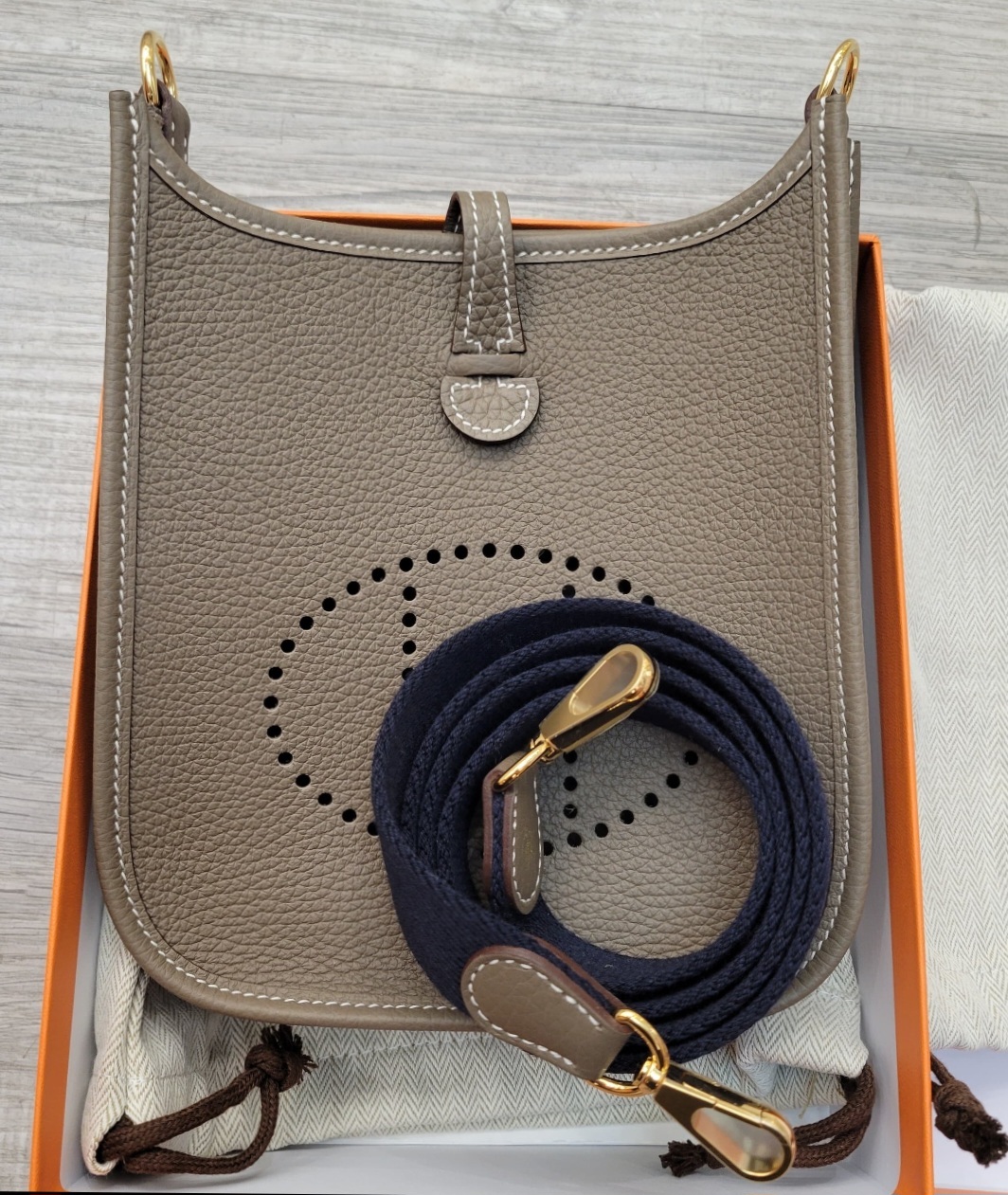 HERMES MINI EVELYNE ETOUPE/BLEU INDIGO CC 110CM 大象灰藍肩带金扣