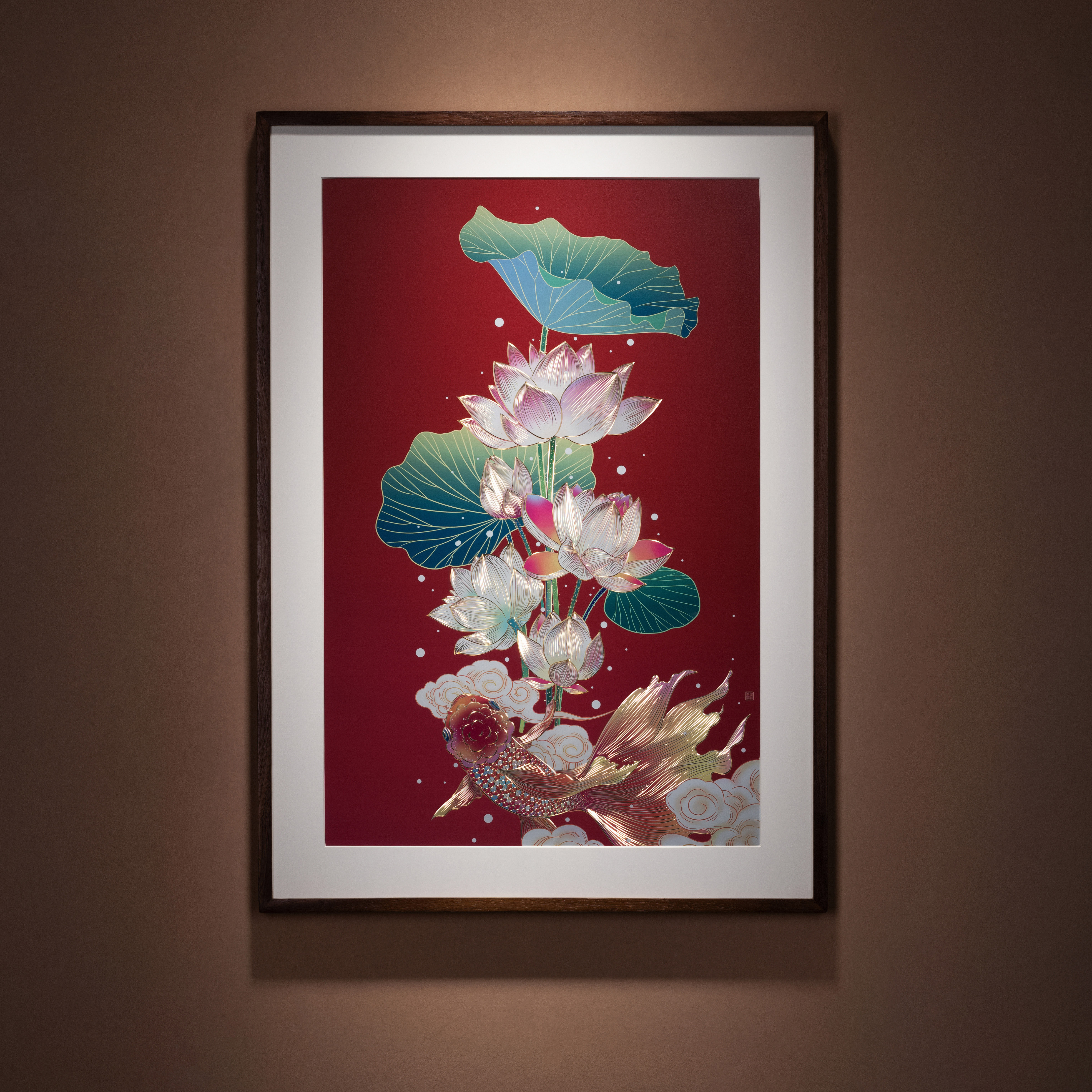 荷花錦鯉(銅雕畫)