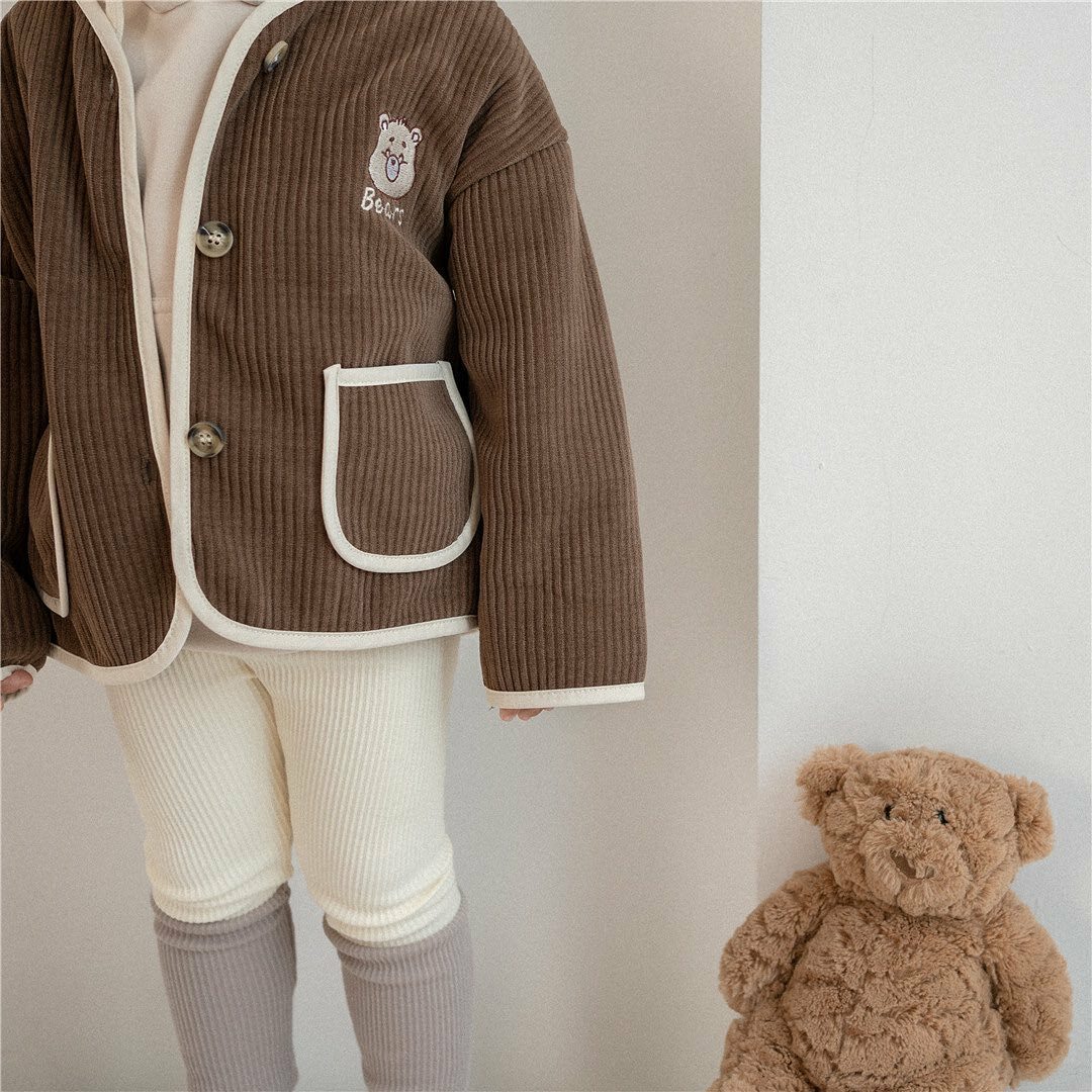 燈芯絨雙口袋小熊外套/2色熊耳朵帽Ｔ