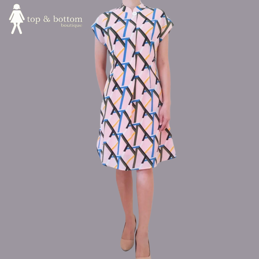 V SLEEVE GEO PRINT BUTTON DRESS