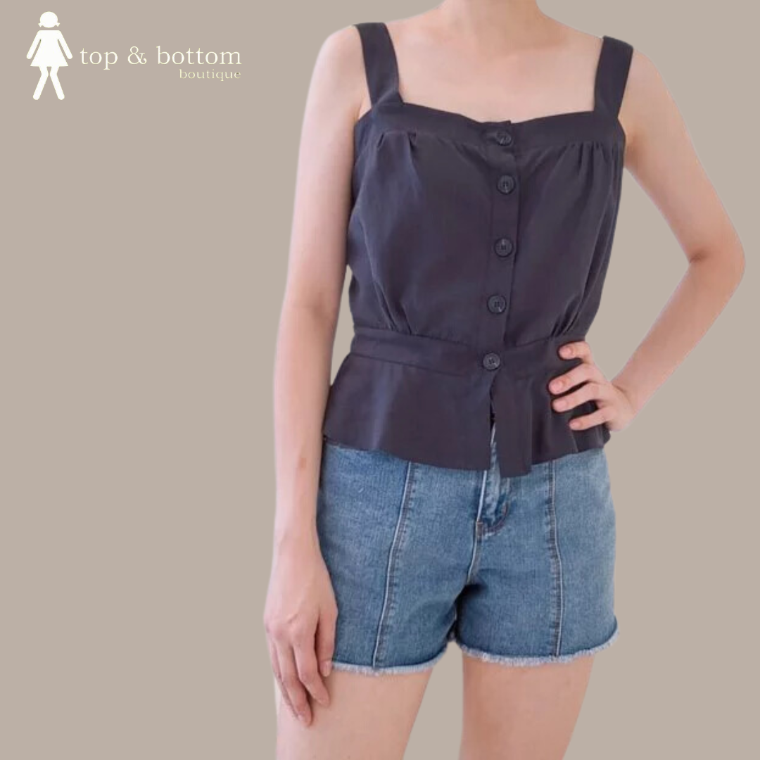 STRAP BUTTON UP PEPLUM BLOUSE