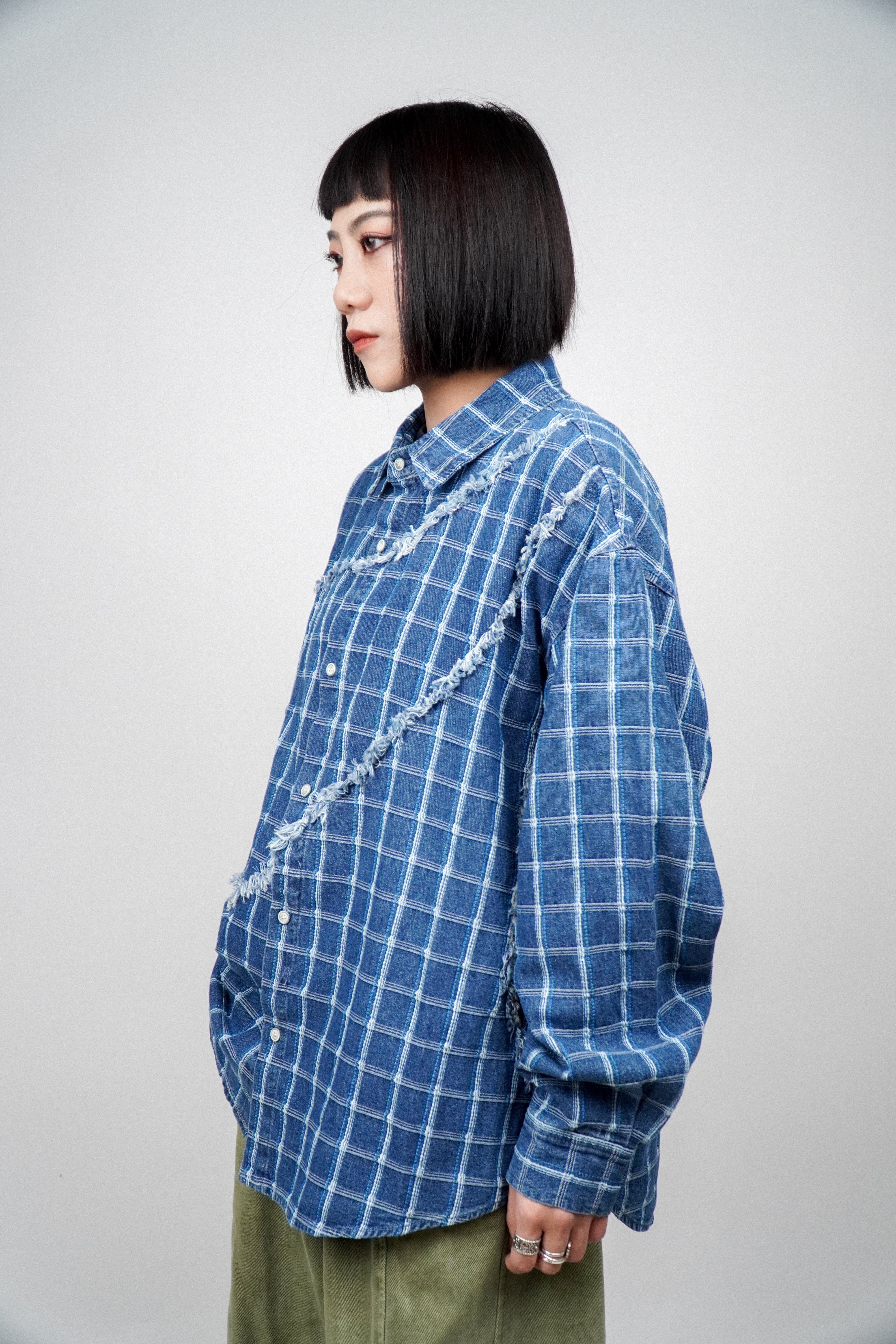 『Always_Good』復古 破壞 格紋 牛仔 長袖襯衫