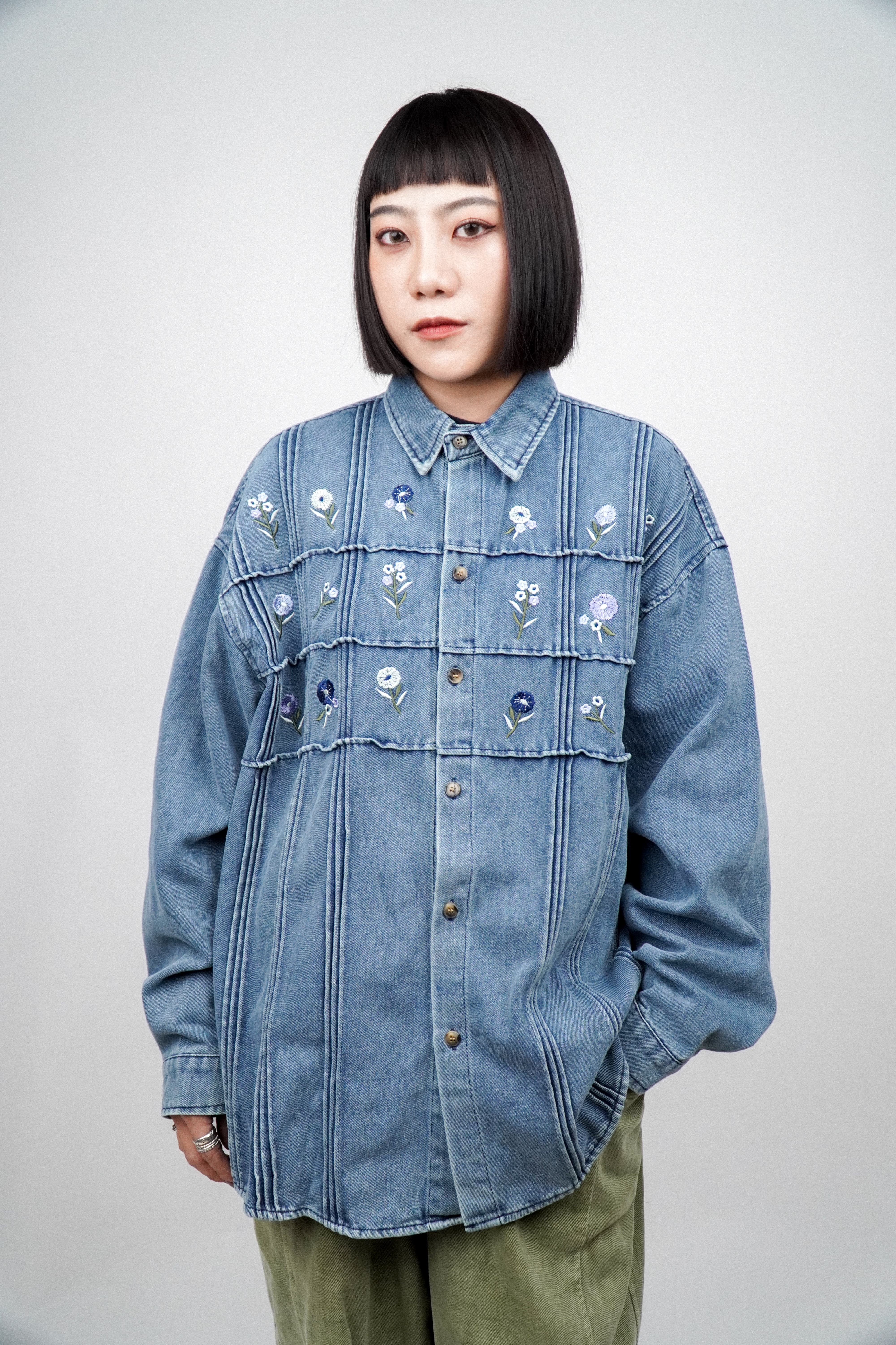 『Always_Good』花花草草 刺繡 拼接 牛仔 長袖襯衫