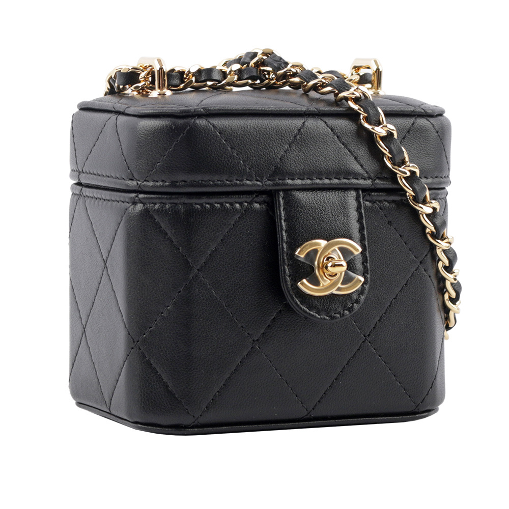 【CHANEL】金色CC Logo 縫線小羊皮設計迷你鏈帶小方盒
