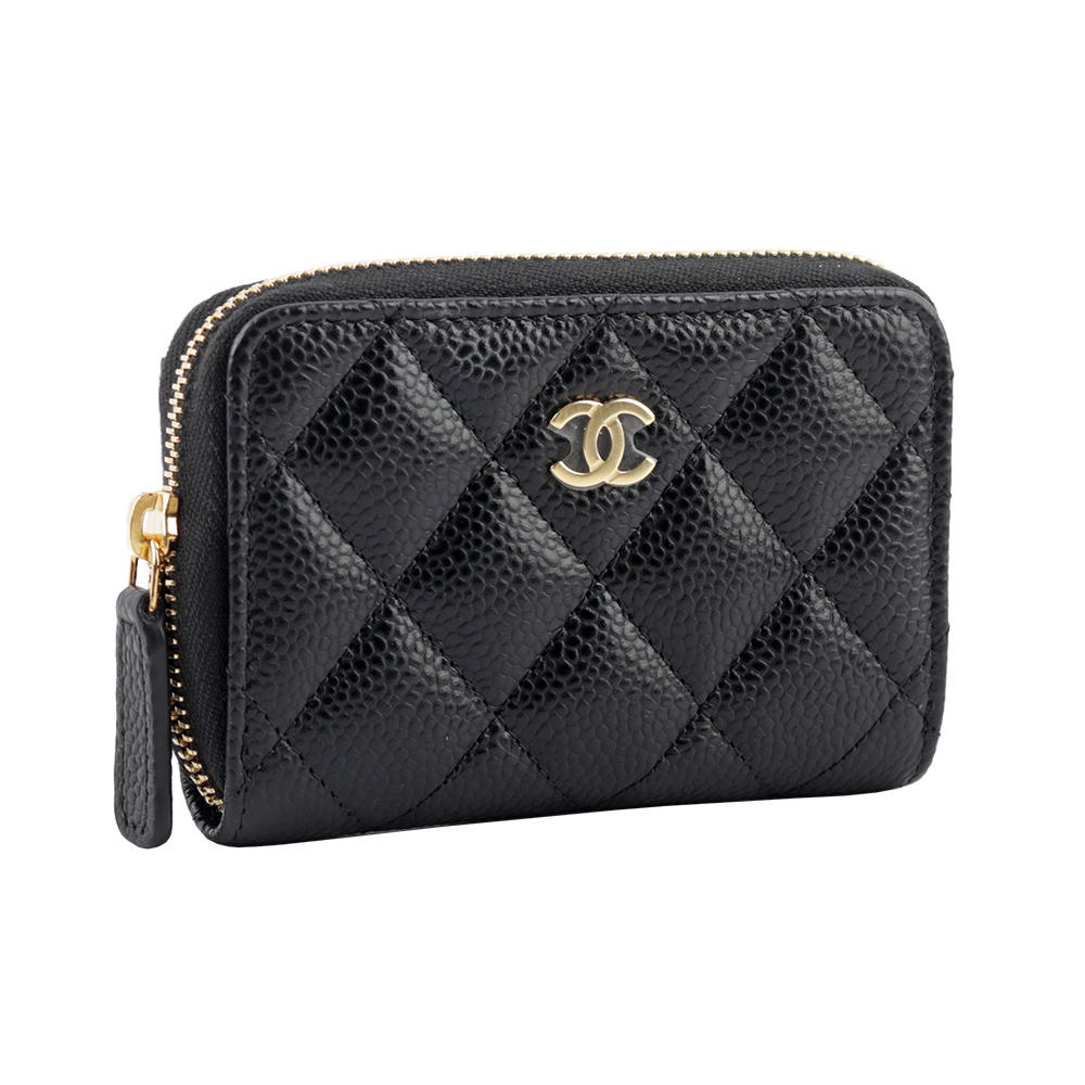 【CHANEL】淡金色CC Logo 荔枝牛皮ㄇ形拉鍊零錢包