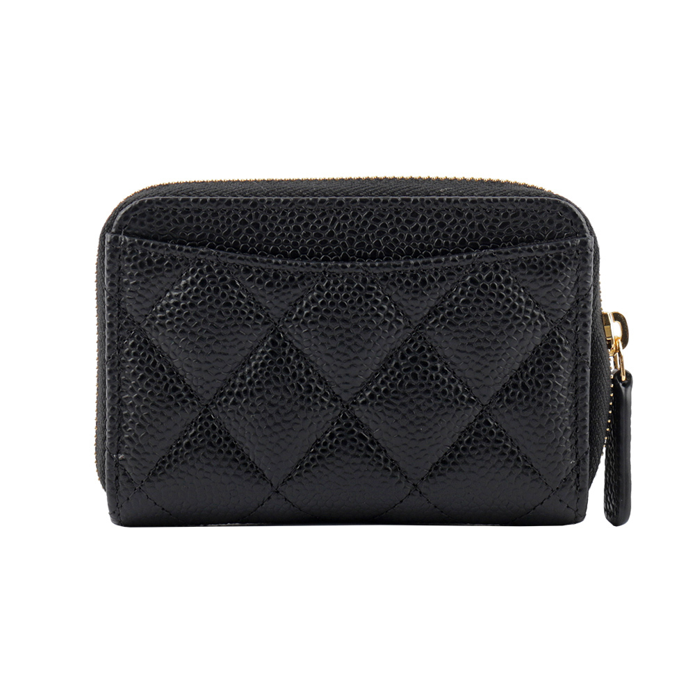 【CHANEL】淡金色CC Logo 荔枝牛皮ㄇ形拉鍊零錢包(黑色) AP0216 Y01864 C3906