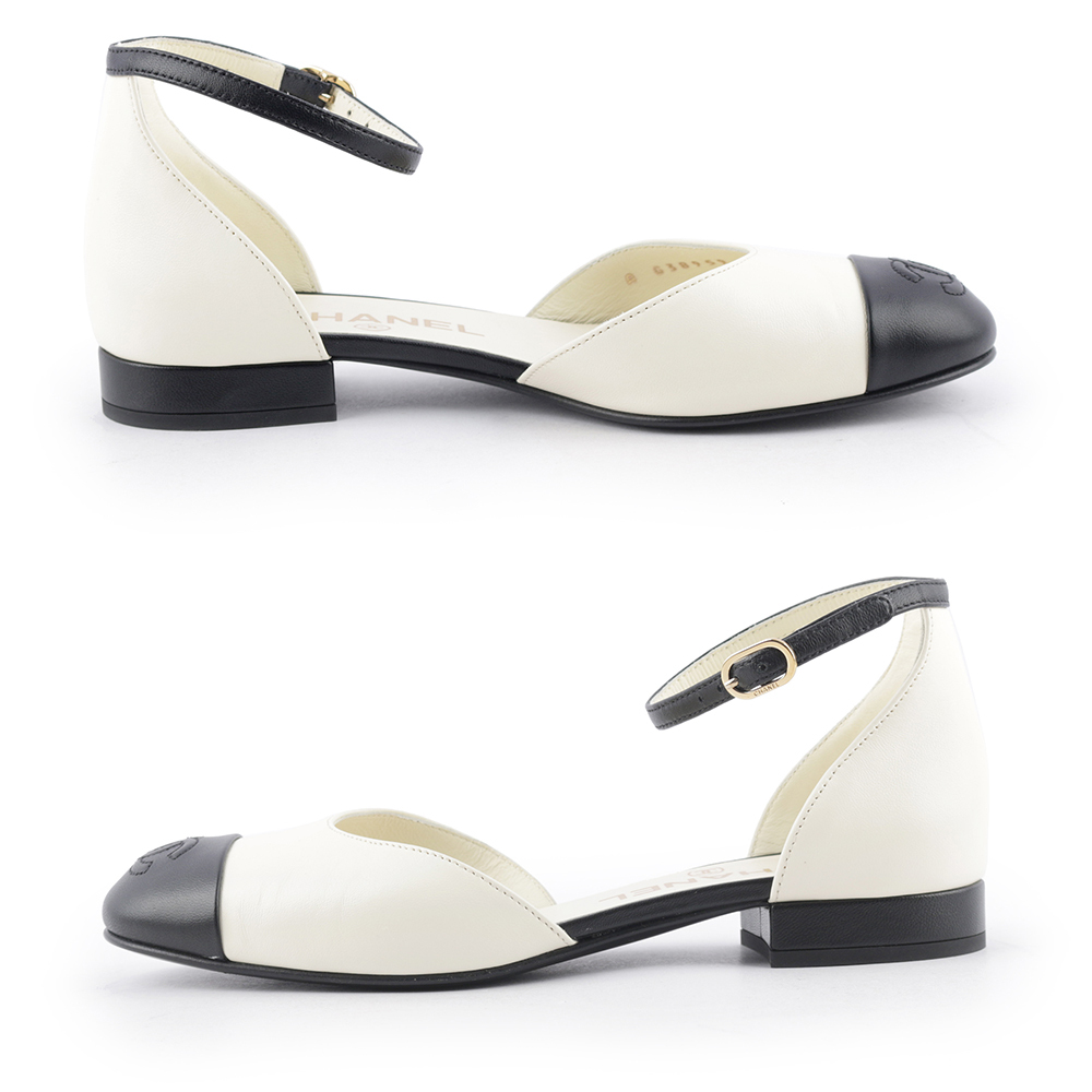 【CHANEL】縫線CC Logo 小羊皮低跟鞋 35號(象牙白/黑色) G38959 X56494 K406