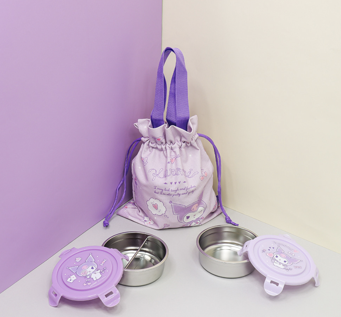 韓國 Kuromi 圓形不鏽鋼2個裝午餐盒連手提袋