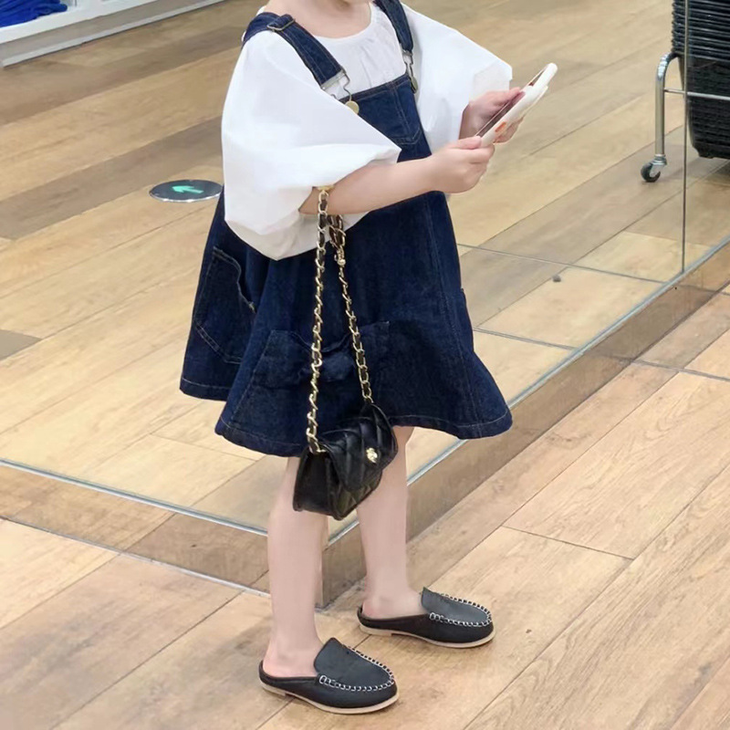 氣質燈籠袖上衣/蝴蝶結牛仔吊帶裙