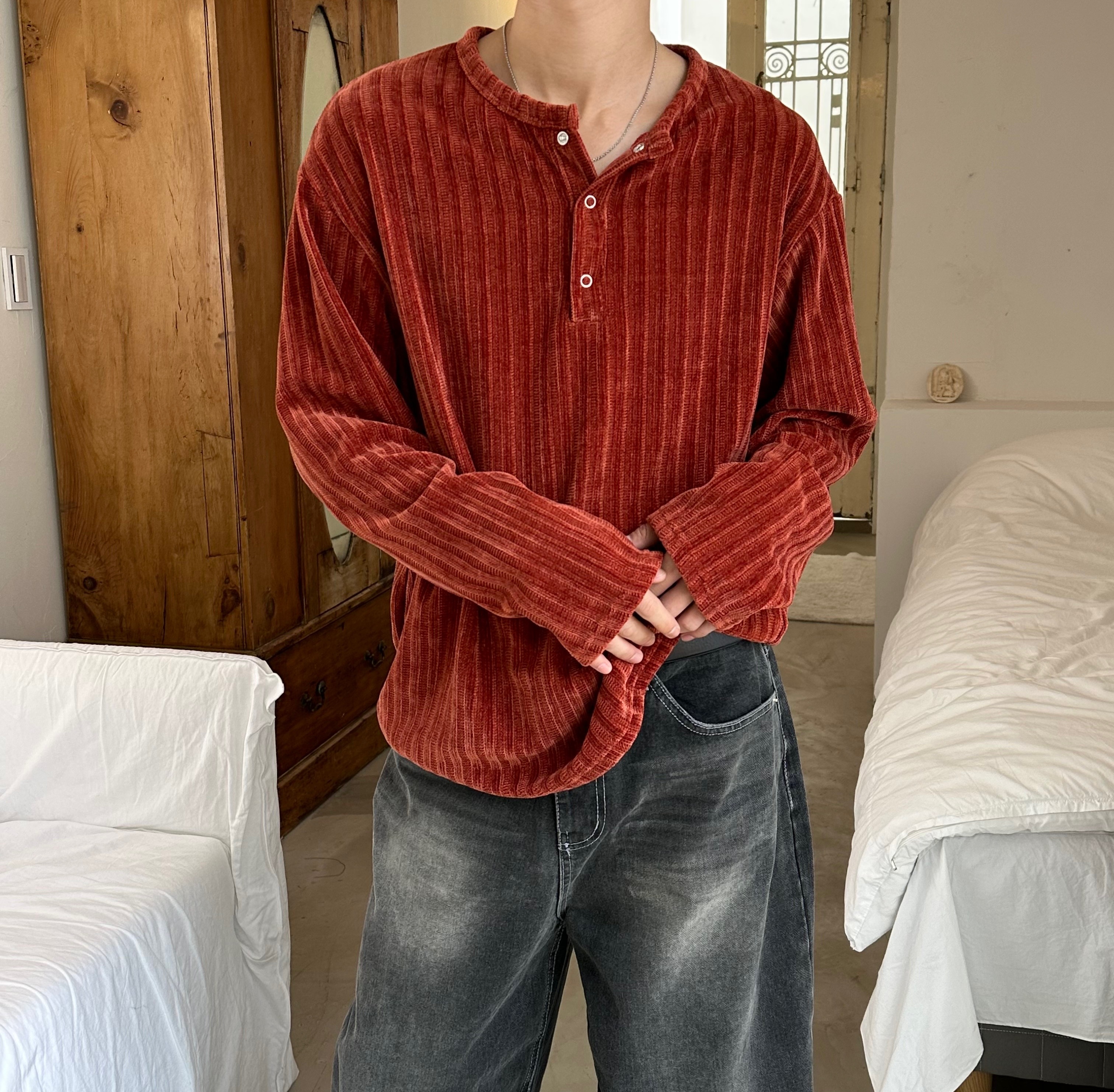 天鵝絨亨利領長袖T恤