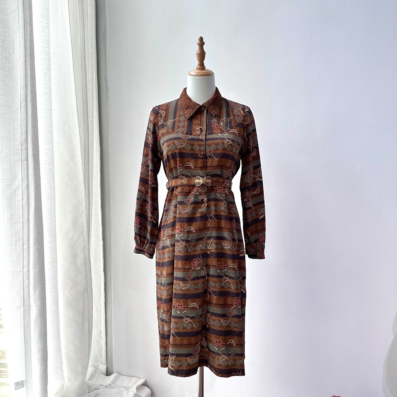 日本製大地色民族風暗花布連身裙