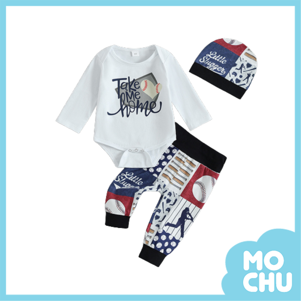 熱愛棒球長袖包屁衣+長褲+帽子三件套