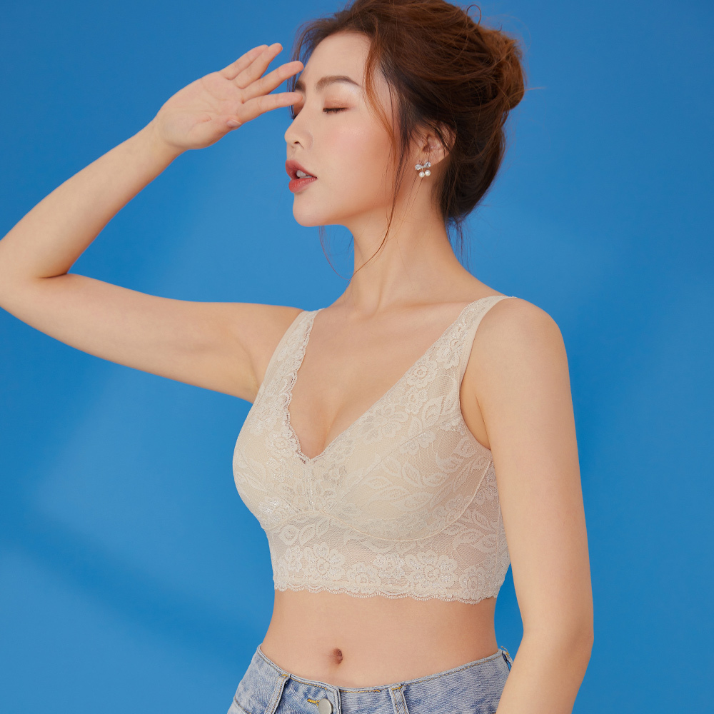 大碼|無鋼圈軟蕾絲後交叉美背舒適內衣-膚色