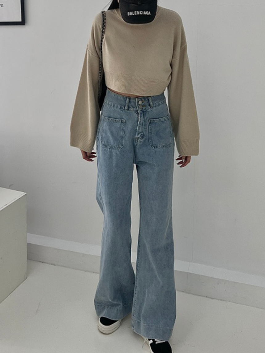 雙口袋無彈喇叭牛仔寬褲