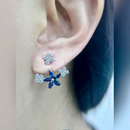 18K White Gold Sapphire Flower Diamond Earrings ( Two-wear style )